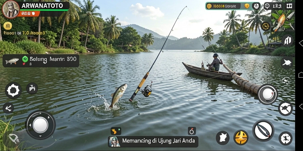 Tampilan gameplay ARWANATOTO yang seru dengan berbagai jenis ikan menarik.
