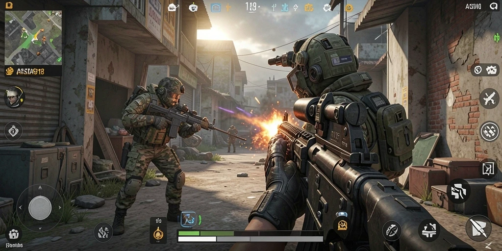 Tampilan gameplay ASIA918 dengan pertarungan FPS yang intens.