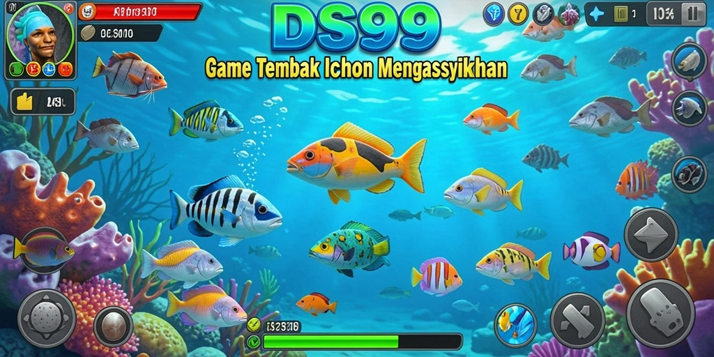 Screenshot DS99 menampilkan aksi seru menembak ikan di laut.