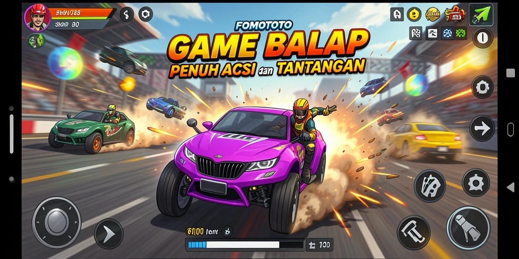Screenshot gameplay FOMOTOTO menampilkan aksi balap yang mendebarkan.