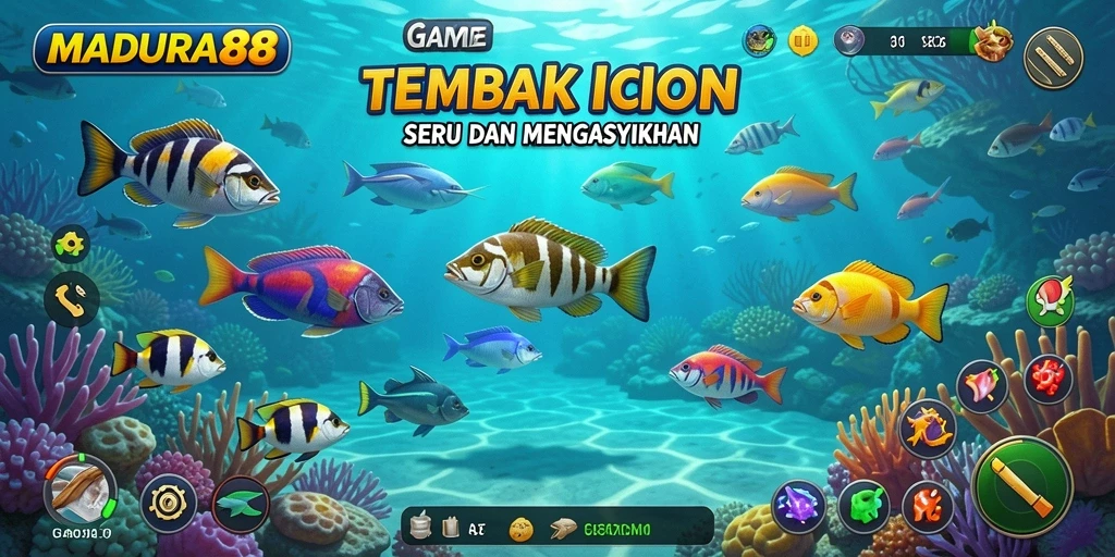 Gameplay seru dari MADURA88 menembak ikan di lautan.