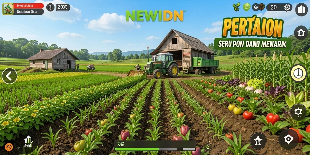 Tampilan gameplay seru di NEWIDN dengan aktivitas bertani.