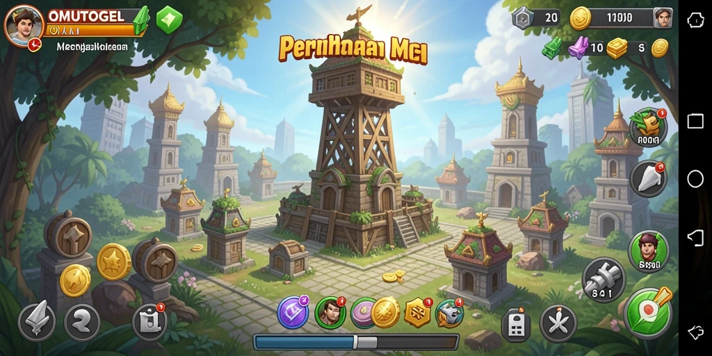 Screenshot gameplay OMUTOGEL menampilkan pertahanan menara yang strategis.
