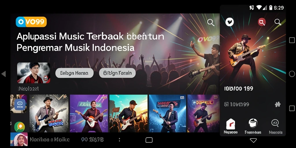 Tampilan utama OVO99 menampilkan berbagai genre musik dan fitur interaktif.