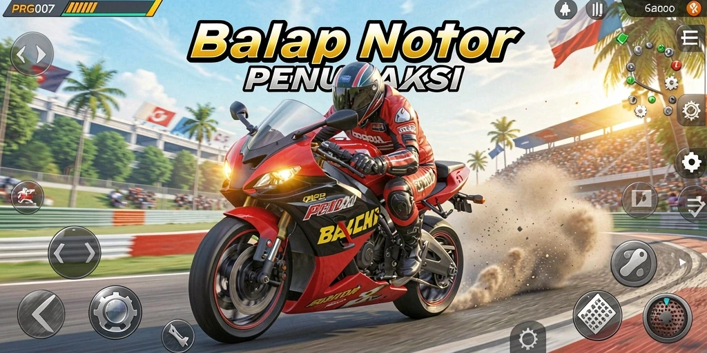 Screenshot gameplay menampilkan aksi balap motor yang mendebarkan.