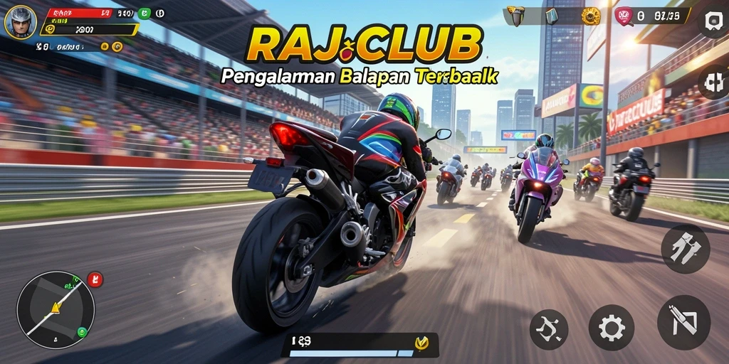 Tampilan gameplay RAJACLUB yang mendebarkan di lintasan balap motor.
