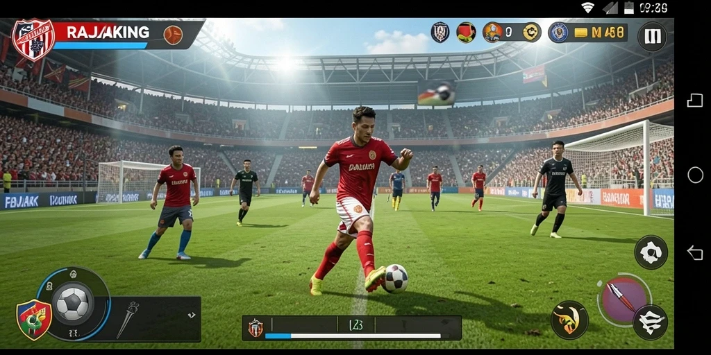 Screenshot gameplay RAJAKING menampilkan aksi seru di lapangan sepak bola.