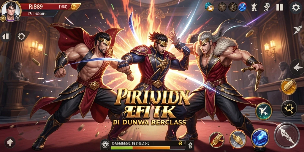 Screenshot RI889 menunjukkan pertarungan dinamis dengan karakter unik.