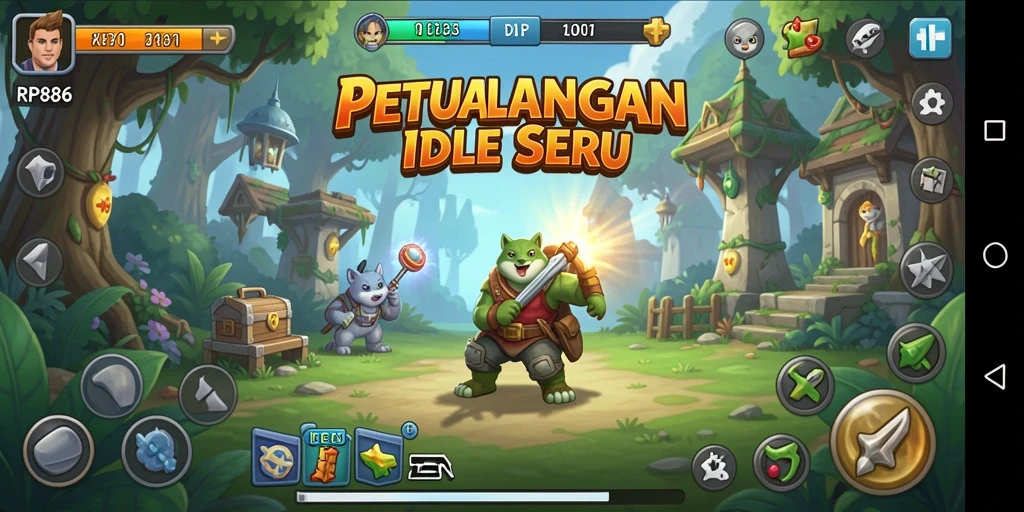 Screenshot gameplay <strong>RP886</strong> menunjukkan karakter yang sedang menghasilkan sumber daya dengan sistem Idle.