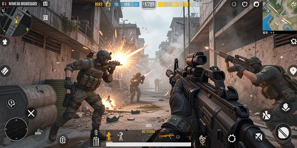 Screenshot gameplay RR789 menunjukkan aksi pertempuran yang intens dalam FPS.