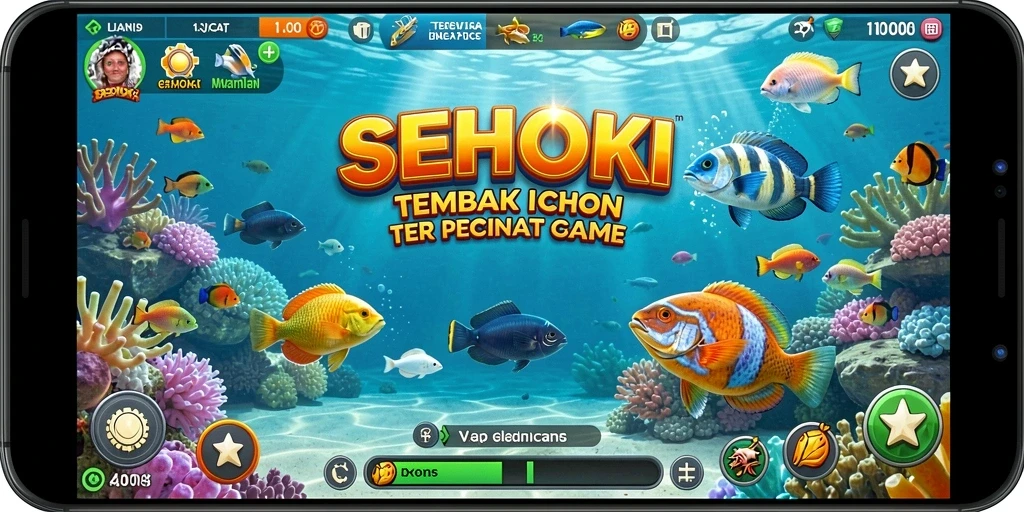 Tampilan screenshot dari SEHOKI menunjukkan aksi menembak ikan yang seru.